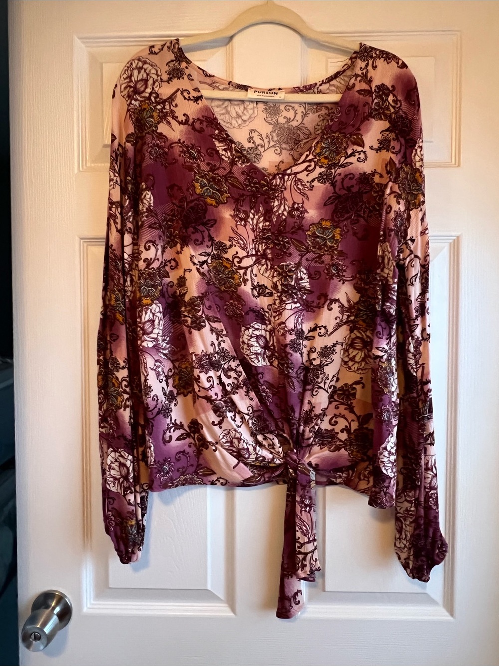 Purson Purple Floral Tie-Front V-Neck Blouse